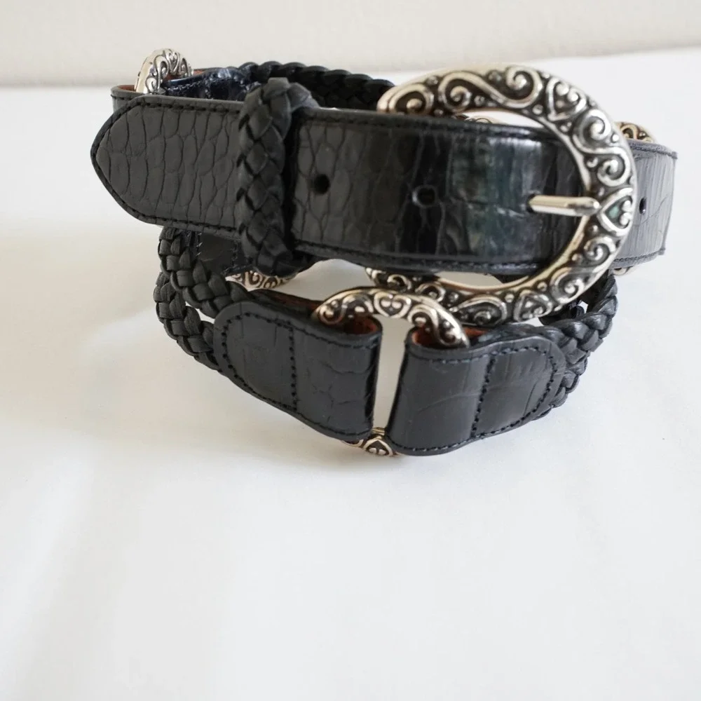Brighton Leather Belt Womens 32 M Black Silver Buckle Braided Statement